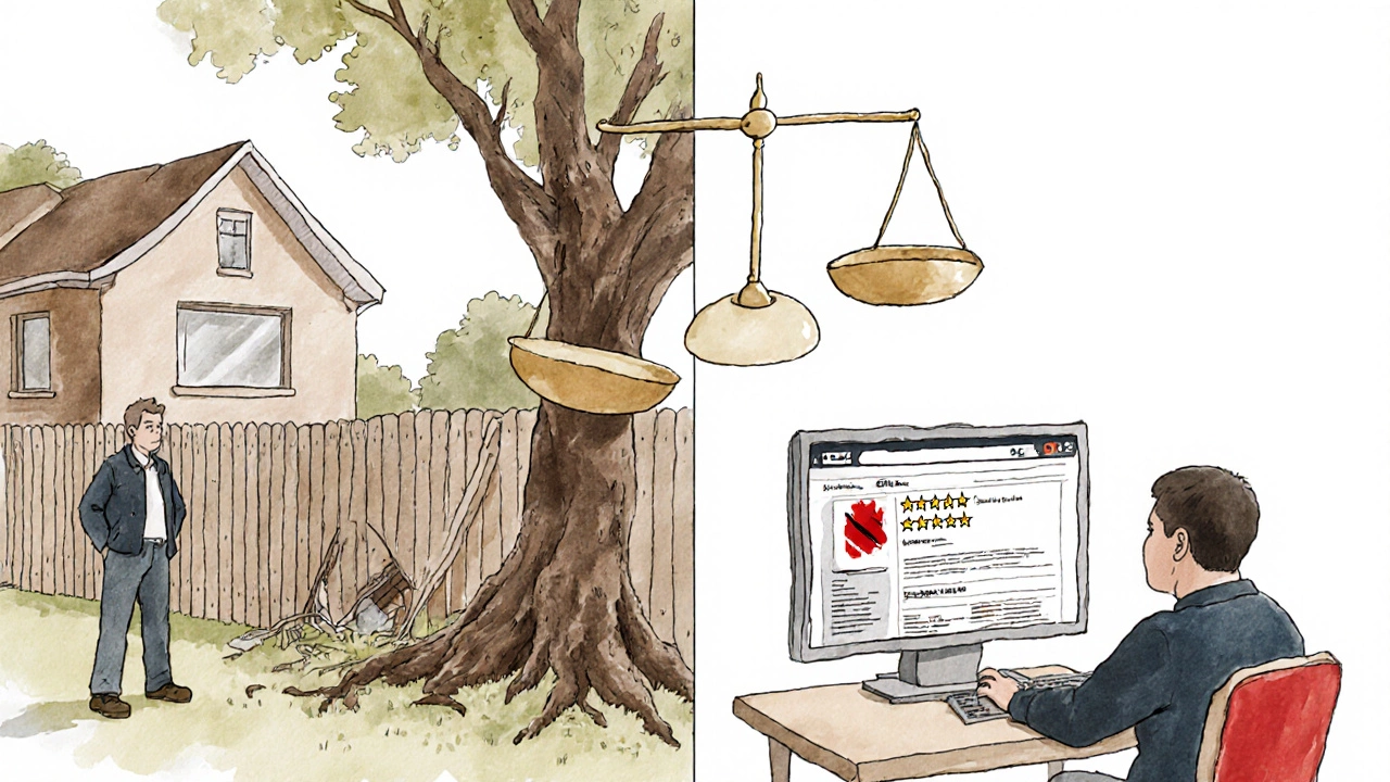 Split illustration showing a broken fence and a negative online review, with a balance scale above both scenarios.