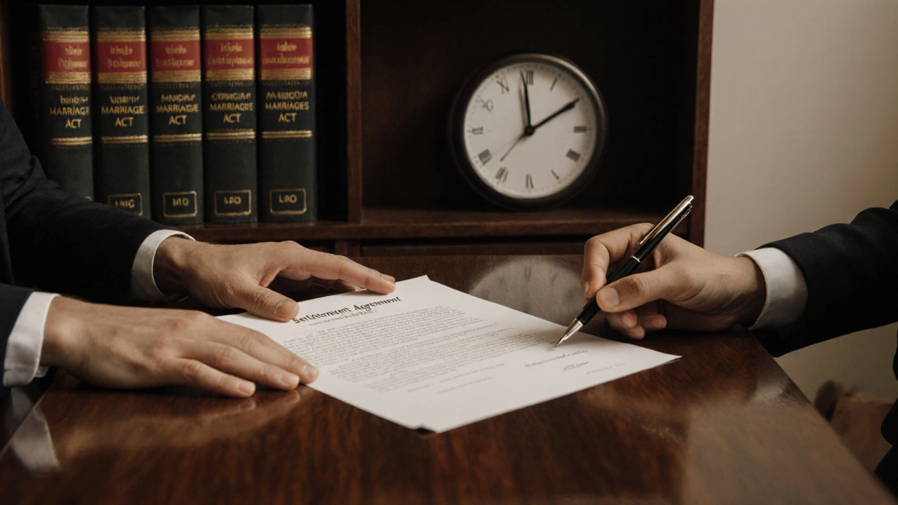 Two hands exchanging a signed divorce settlement agreement in a lawyer&#039;s office.