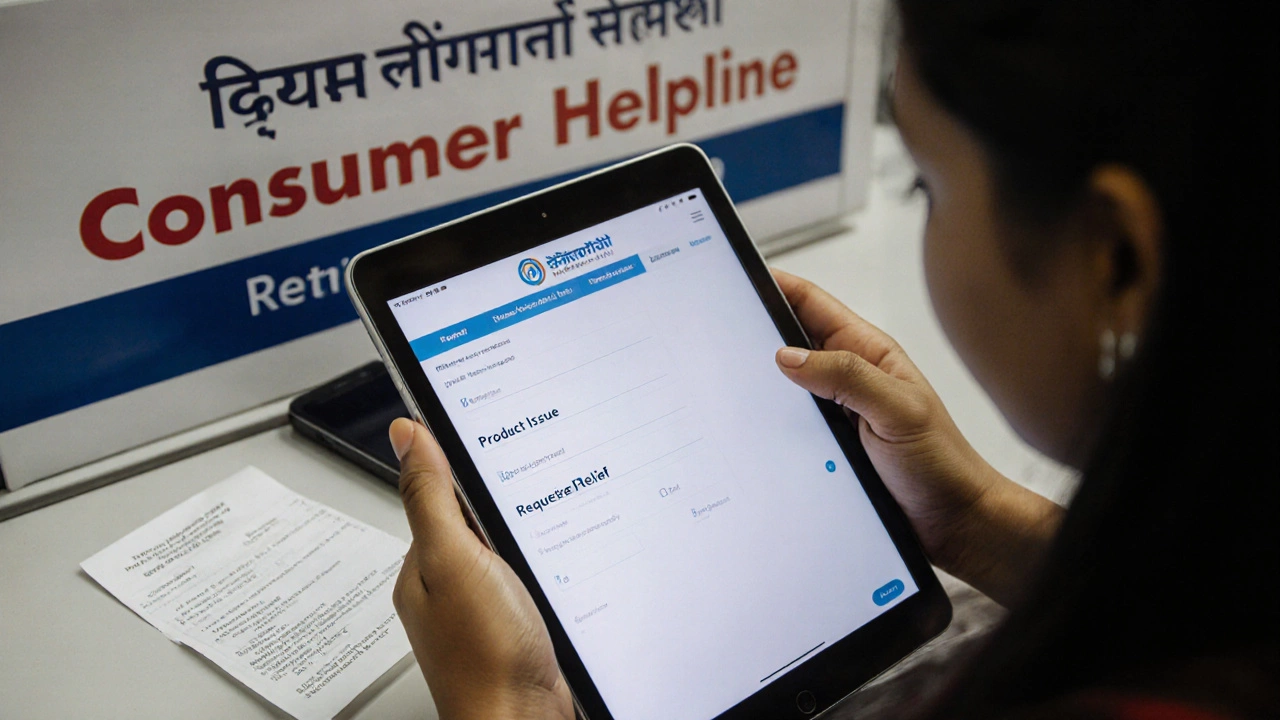 Woman filing a consumer complaint on a tablet at a helpline kiosk