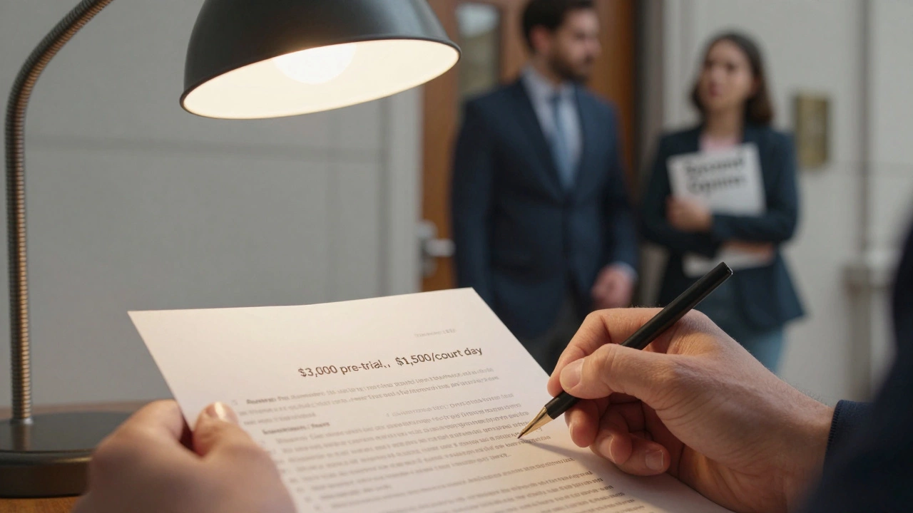 A clear legal fee agreement is signed, contrasting with a relieved client getting proper legal guidance.
