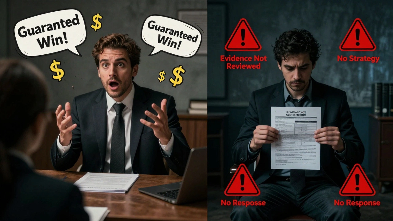 A lawyer makes false promises to a client while real legal dangers loom in the background.