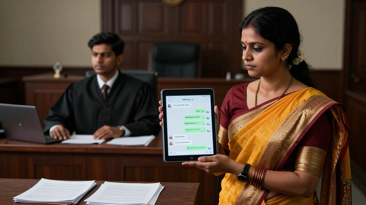 A woman presenting digital evidence of emotional separation in an Indian courtroom.