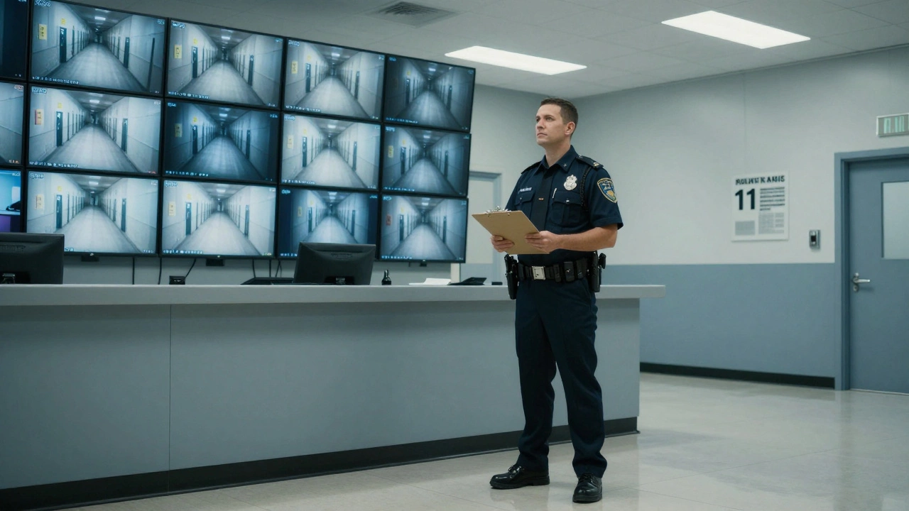 Corrections officer monitoring security screens in a jail control room.