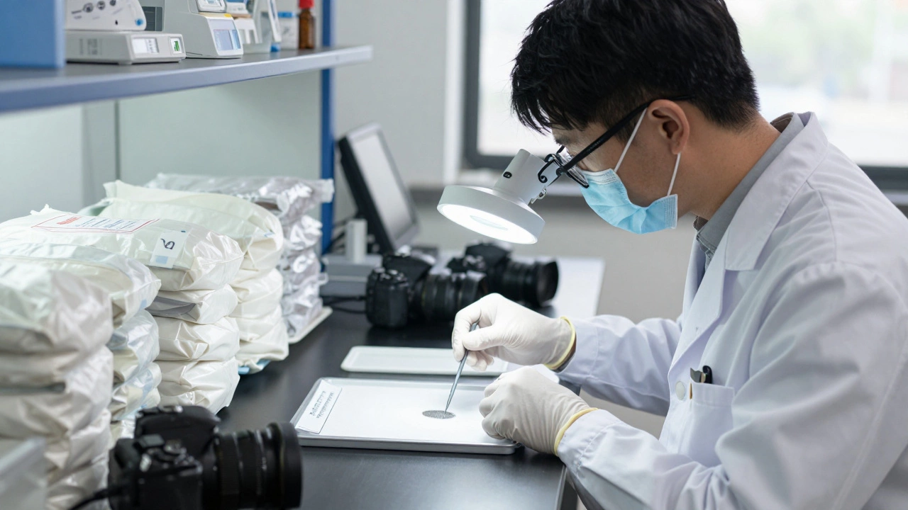 Crime scene technician photographing fingerprints in a forensic lab.