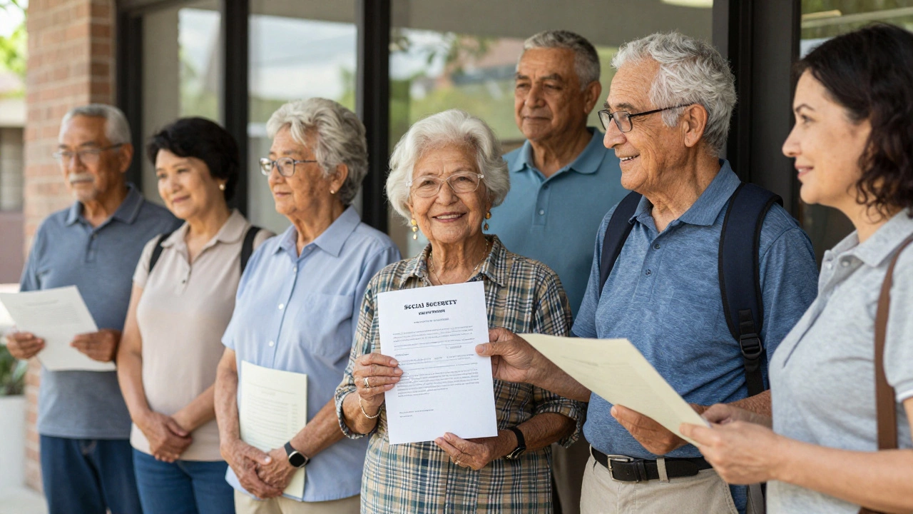 Elderly people applying for Social Security benefits at an office, holding personal documents.