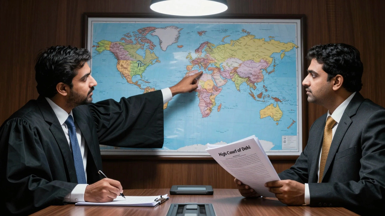 Foreign and Indian lawyers in meeting, contrasting their legal responsibilities with global and local documents.