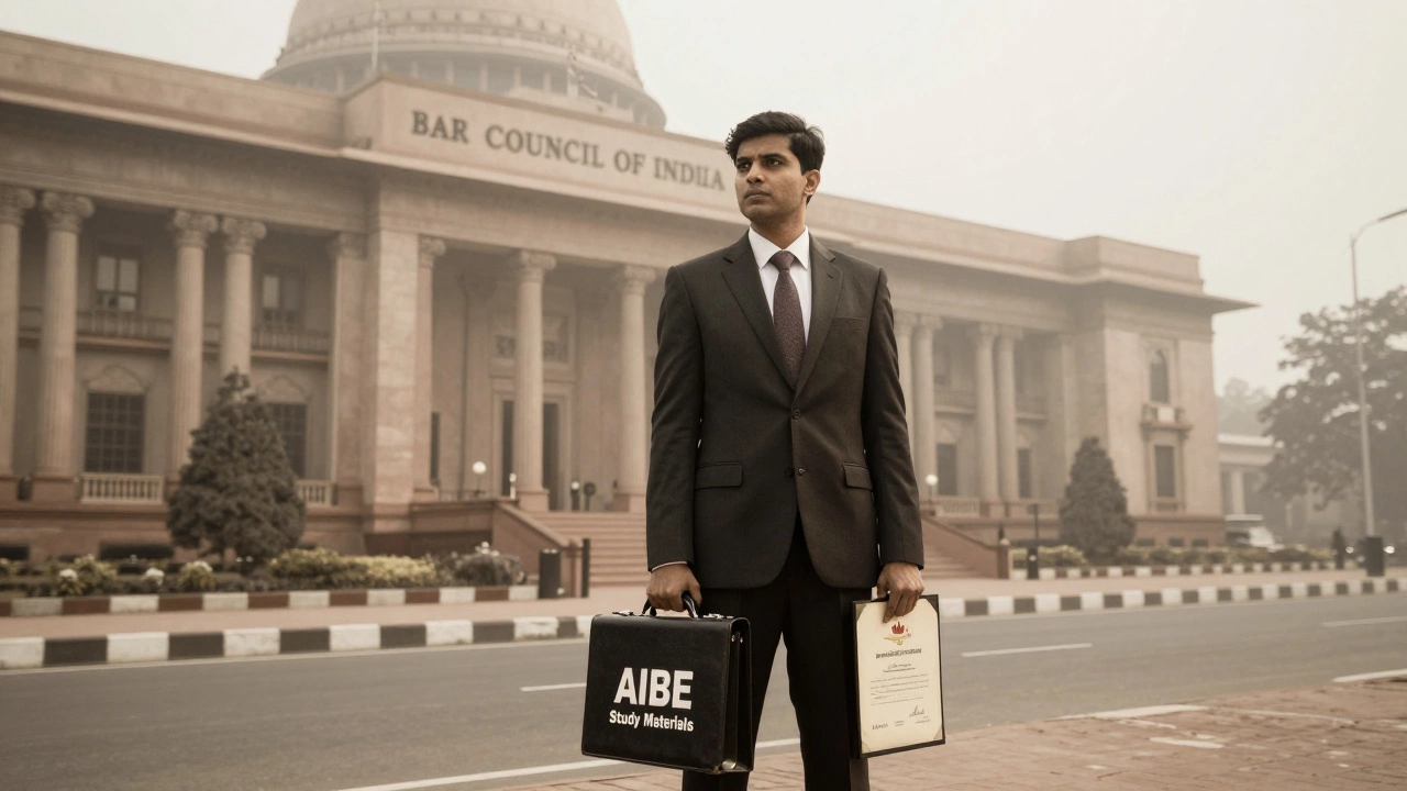 Foreign lawyer outside Bar Council of India building, holding study materials for Indian bar exam.