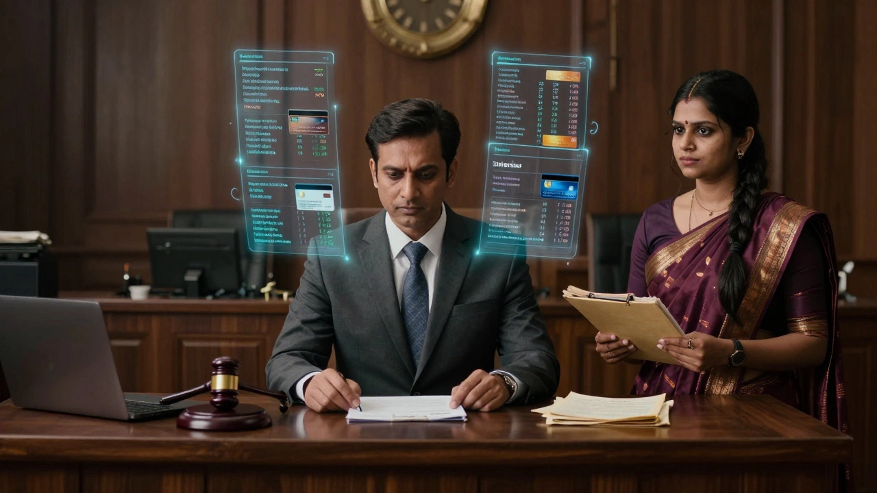 Judge in courtroom with digital overlays revealing hidden income of husband.