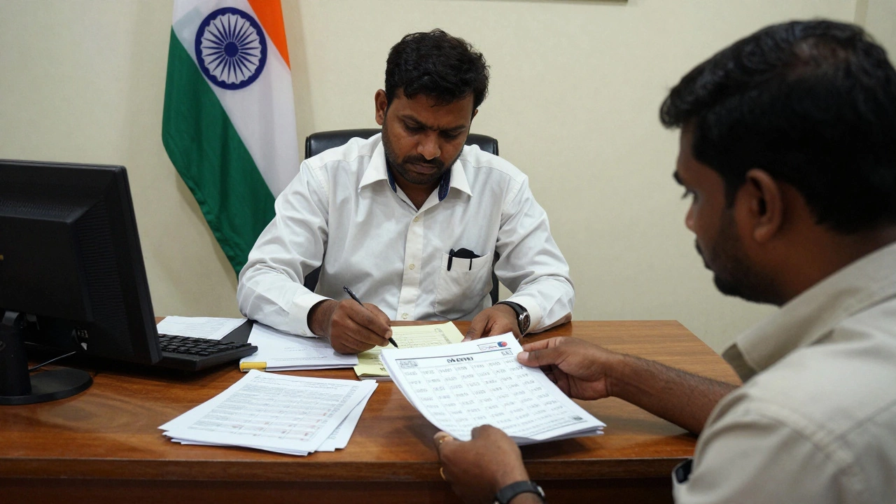 Labor commissioner reviewing employment documents in Indian courtroom