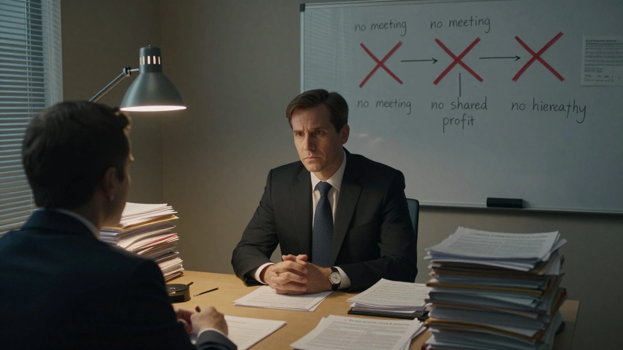 Lawyer and client analyzing documents to disprove a criminal enterprise