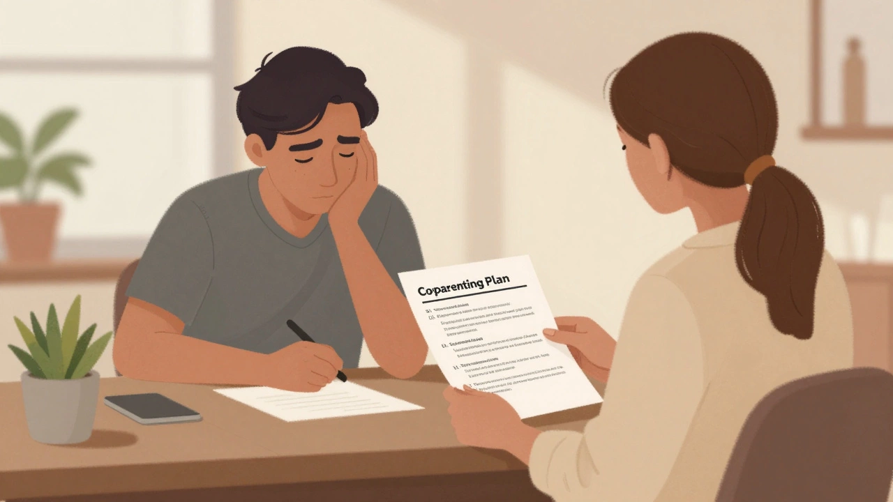 Lawyer and client in a calm office, reviewing a co-parenting plan with emotional support.