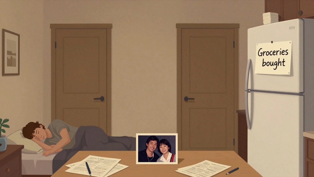 Two people sleeping in separate rooms of a shared home, with signs of separate lives visible.