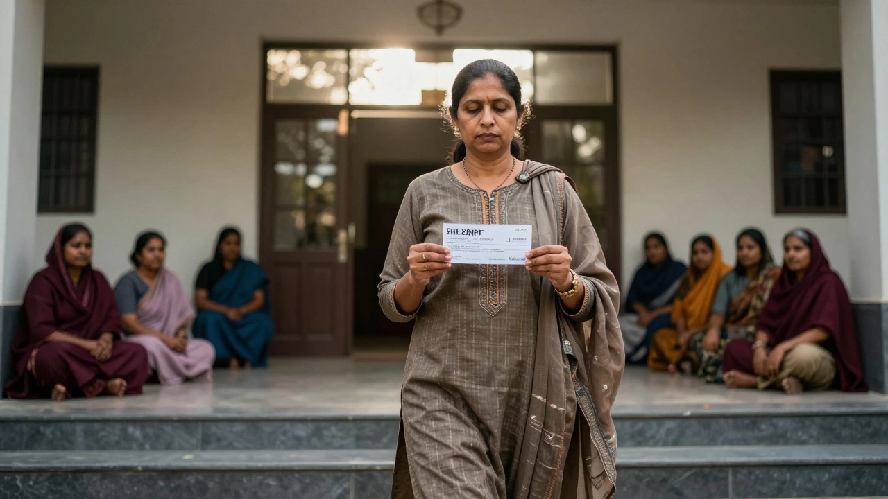 Woman exiting courthouse holding maintenance check, sunlight behind her.