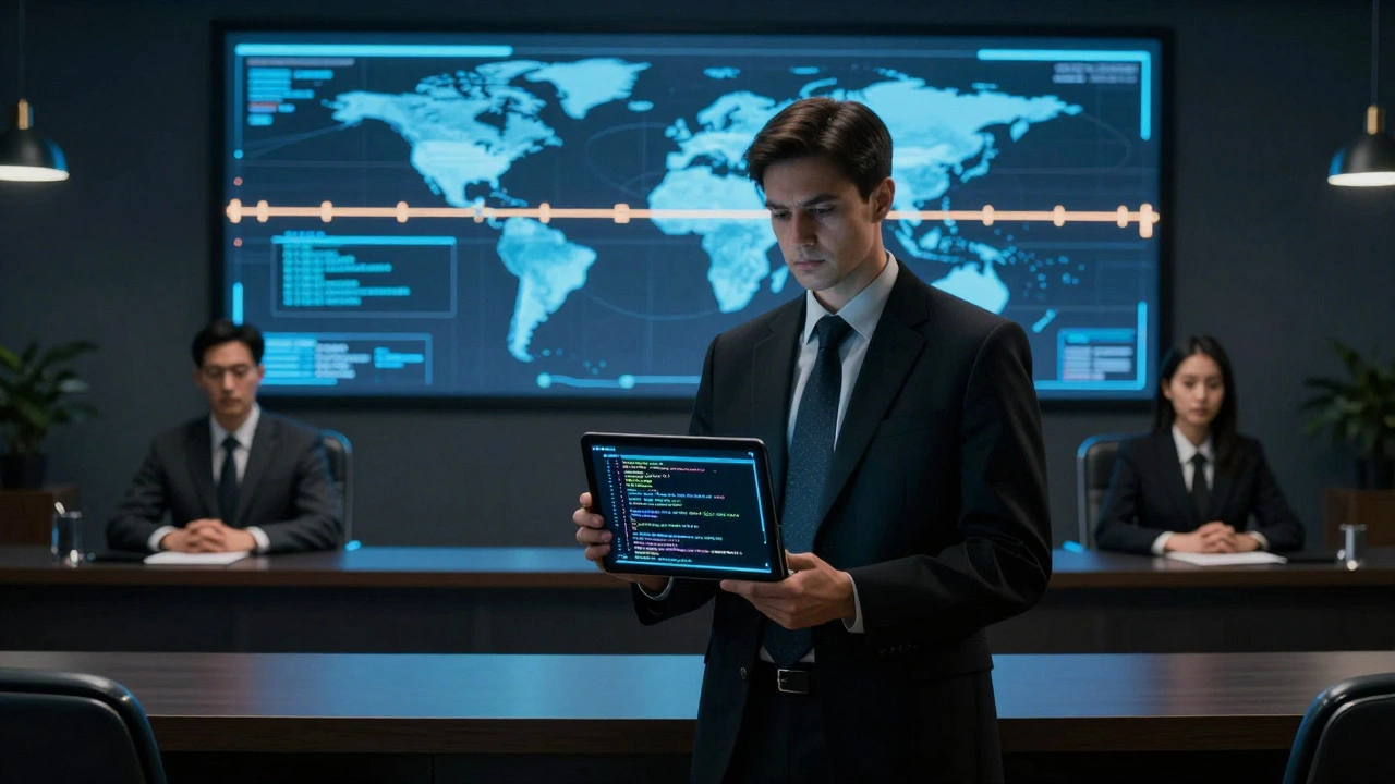 A cyber crime lawyer presents digital evidence in court with a screen showing an international attack timeline.