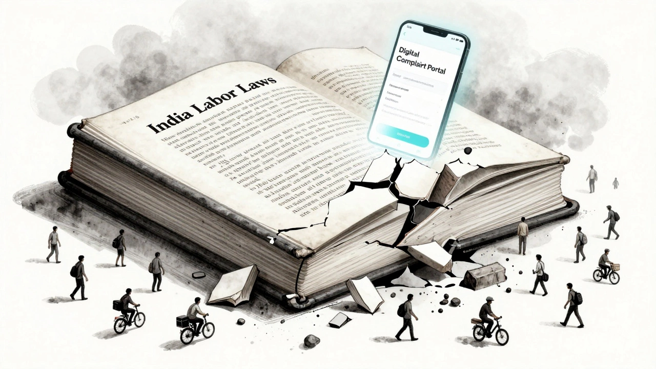 A massive broken law book with workers falling through its gaps, while a digital complaint portal glows above.