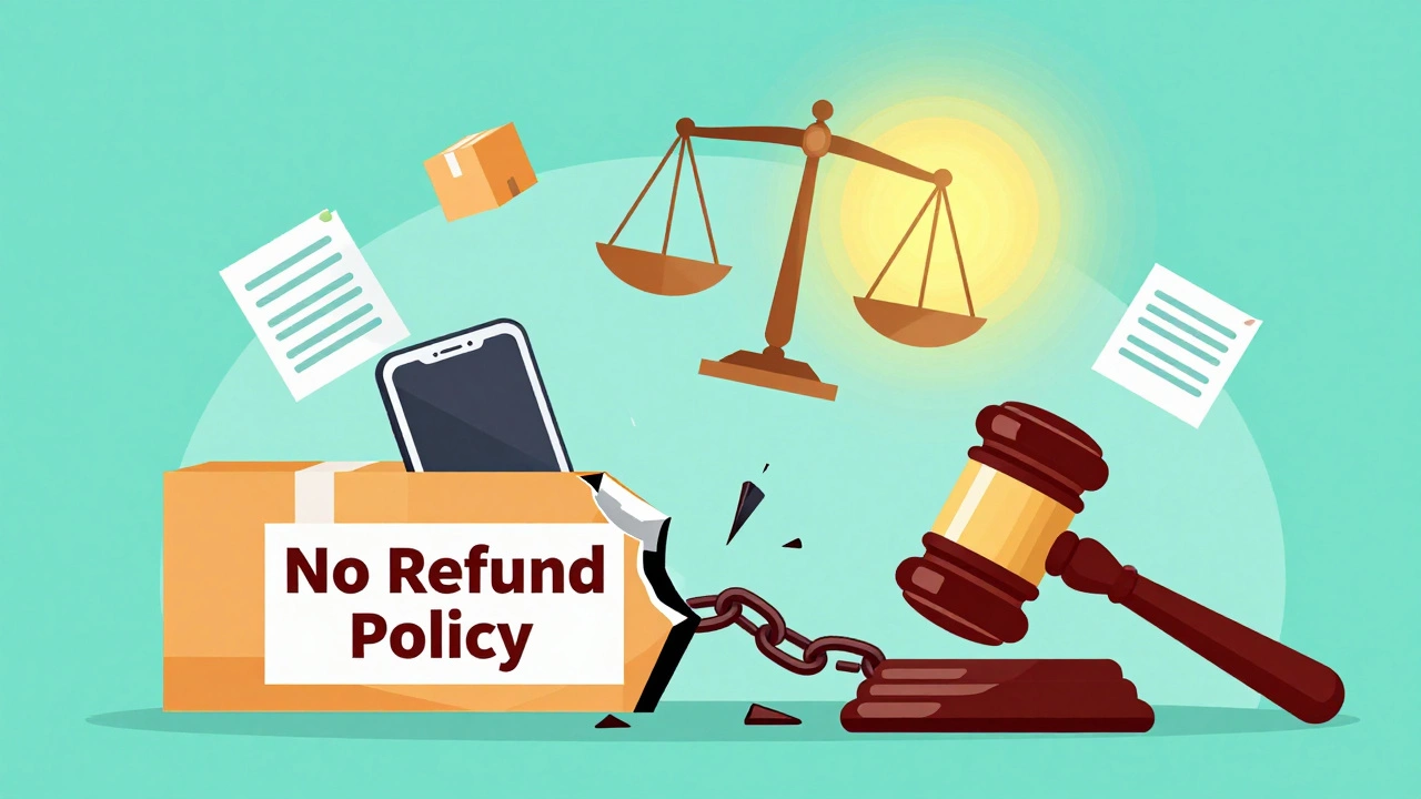 Broken 'no refund' policy chain being shattered by justice and consumer rights.