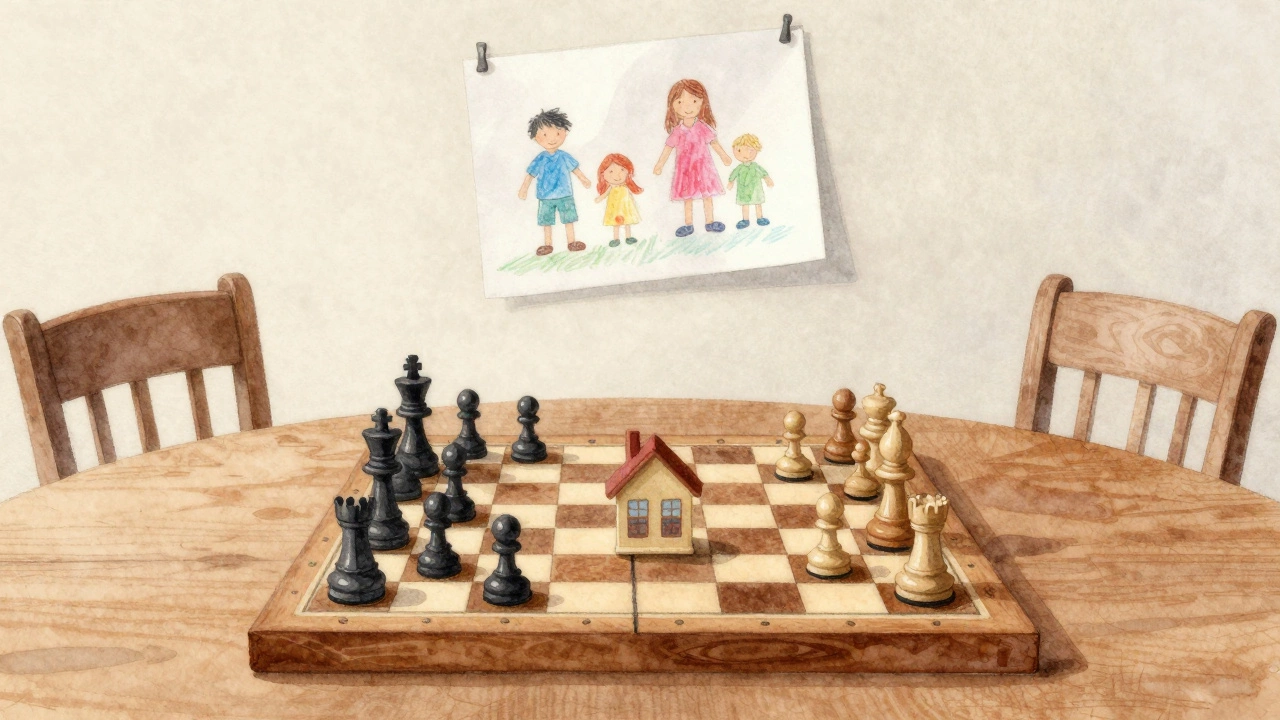 Chessboard with house pieces clustered vs. lone pawn far away, child's drawing on wall.