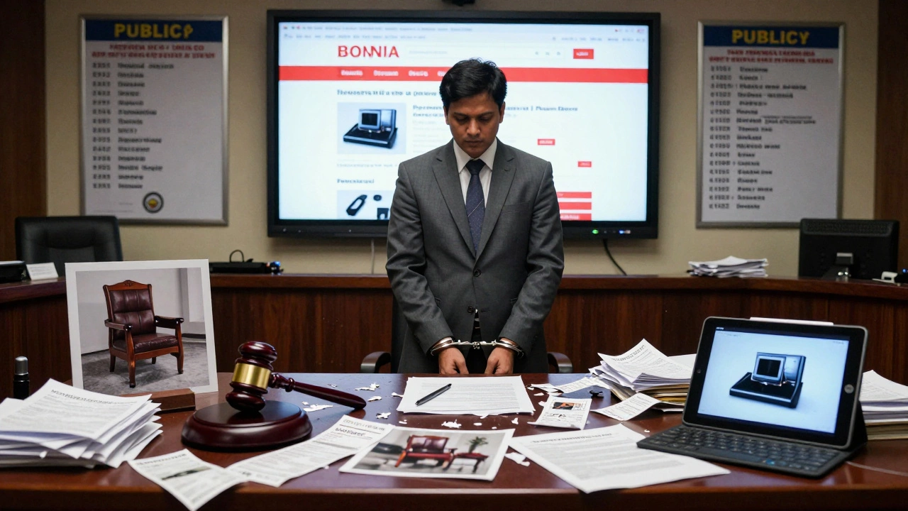 Corporate executive in handcuffs in courtroom as evidence and banned store screen loom large.