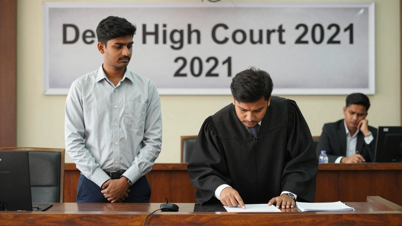 Courtroom scene with judge reviewing contract, employee and HR facing each other