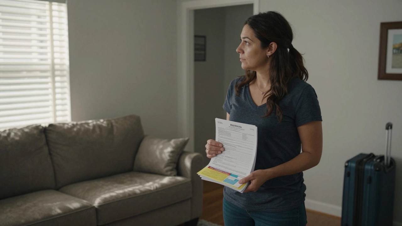 Mother holding school documents in empty living room with suitcase in background.