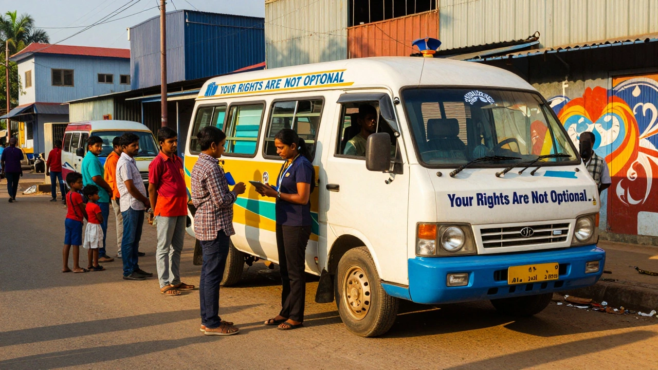 Workers lining up at a mobile labor court van in Tamil Nadu, speaking with an inspector using a tablet.