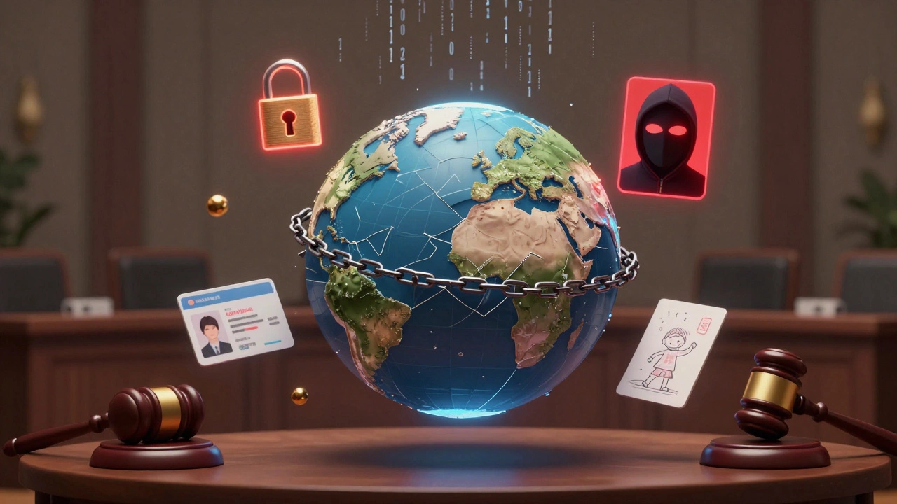 A fractured digital globe above a courtroom with icons representing cybercrimes and legal consequences.