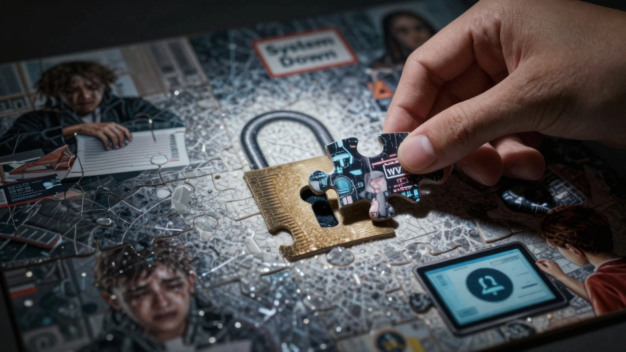A hand placing a lock-shaped puzzle piece into a mosaic of cybercrime victim scenes.
