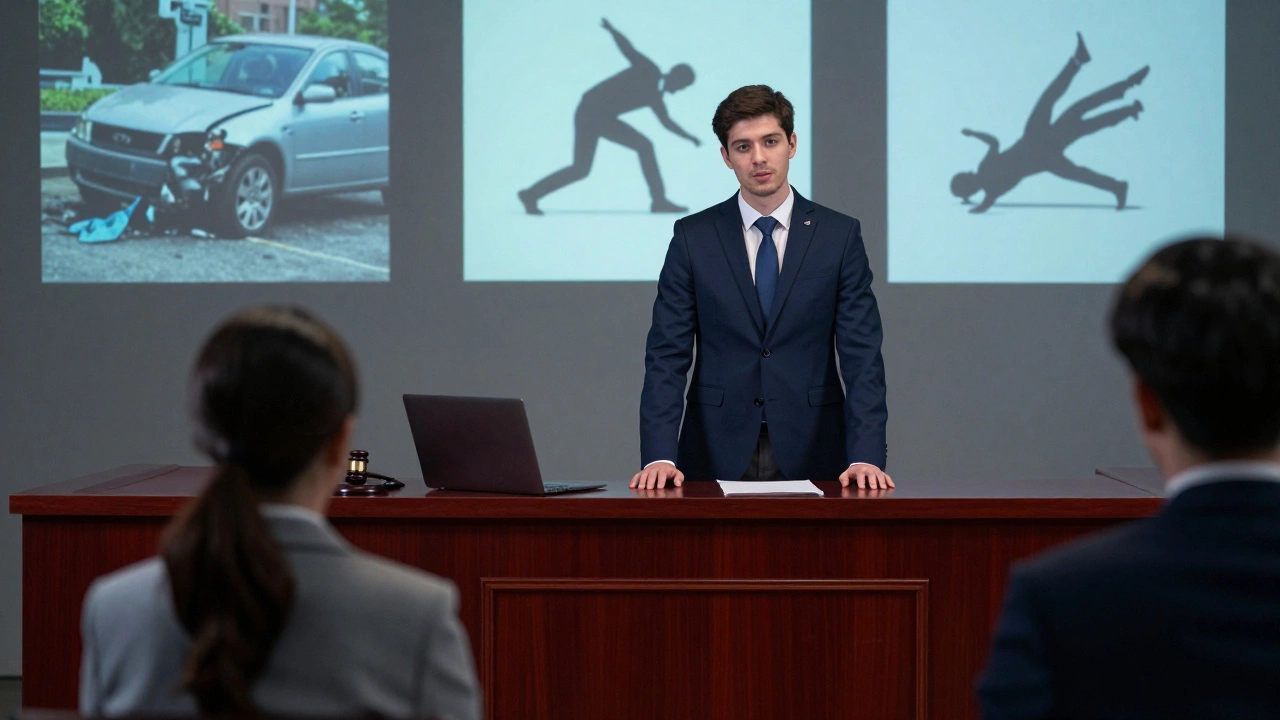 A lawyer speaking in court while a client watches, with accident scenes projected behind them.