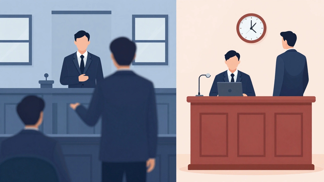 Criminal trial with lawyer versus civil case without representation.