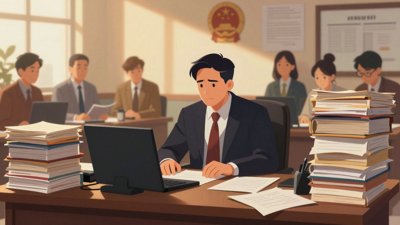 Public defender overwhelmed by case files in office.