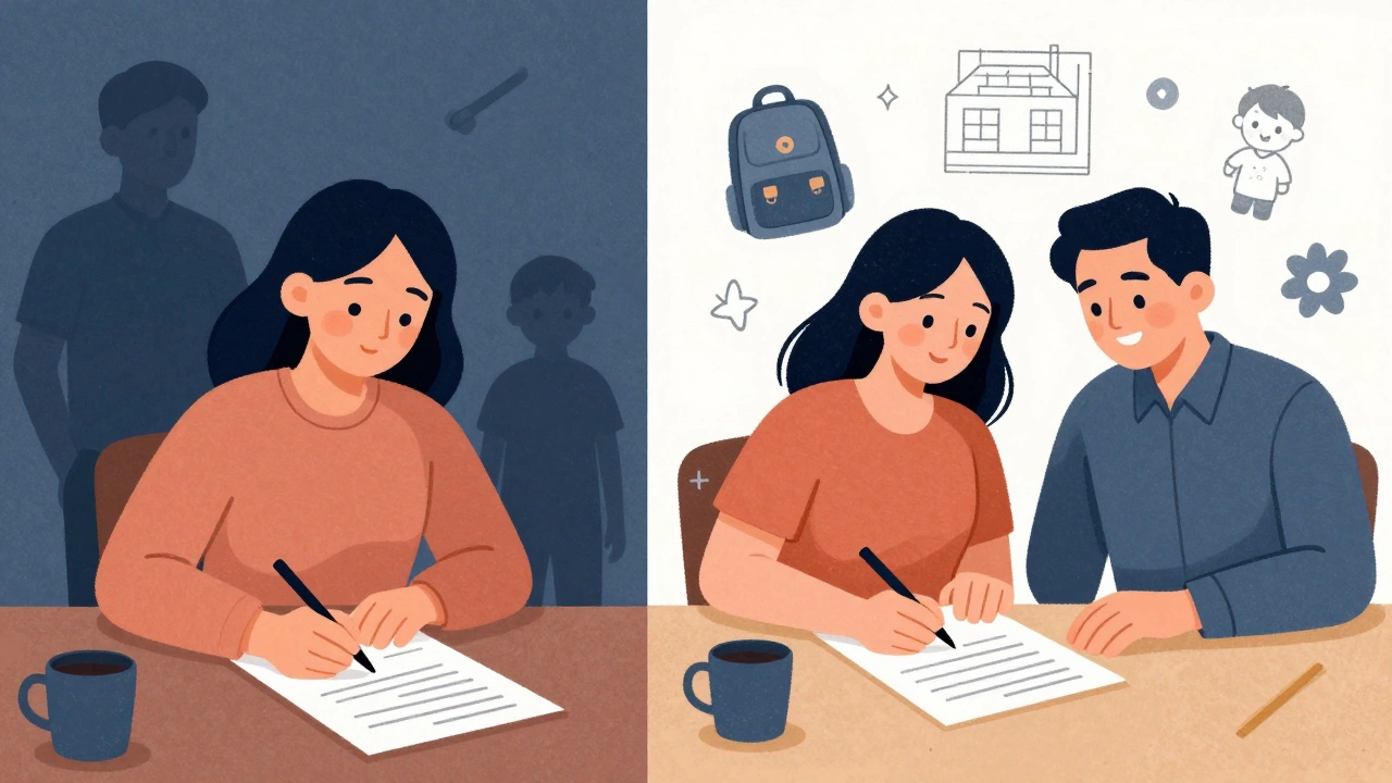 Split illustration: woman signing loan alone vs. co-signing with husband beside family symbols.