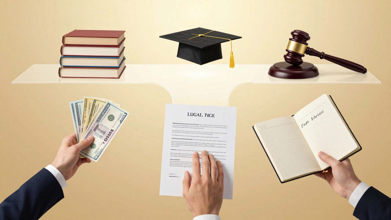 Three hands holding medical bills, legal papers, and a journal, leading to a gavel and law degree.