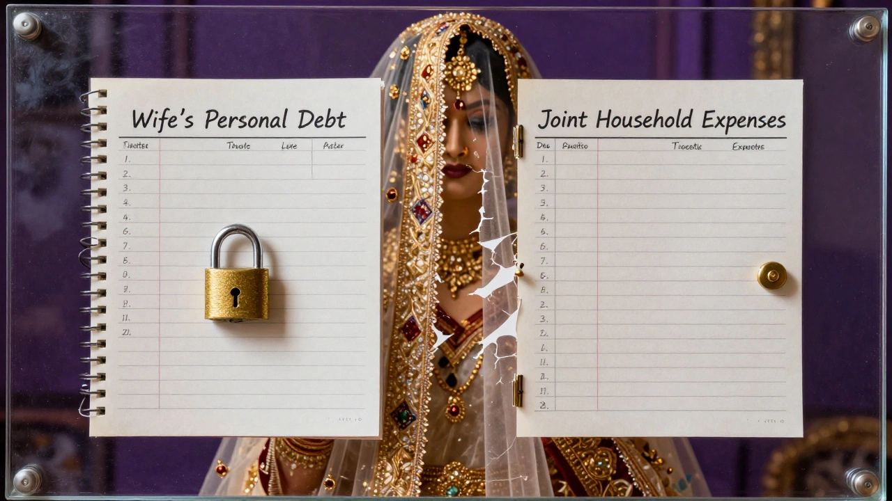 Transparent glass wall dividing personal debt from joint expenses, with a torn wedding veil in background.