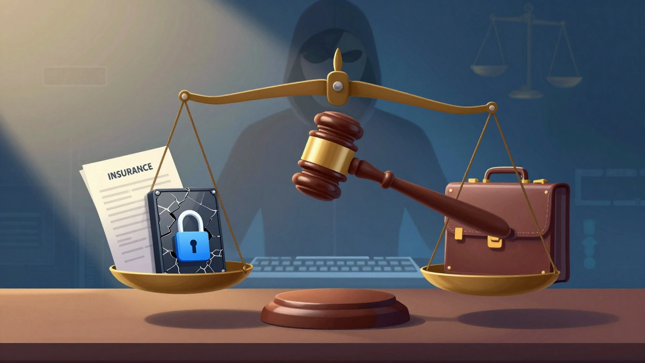 A courtroom scale balancing digital evidence against insurance documents, with a shadowy hacker in the background.