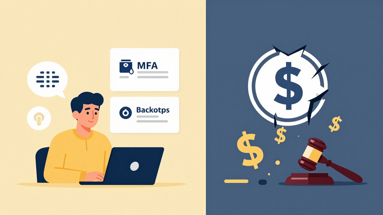 A small business owner using simple security tools versus a collapsing company under legal and financial pressure.