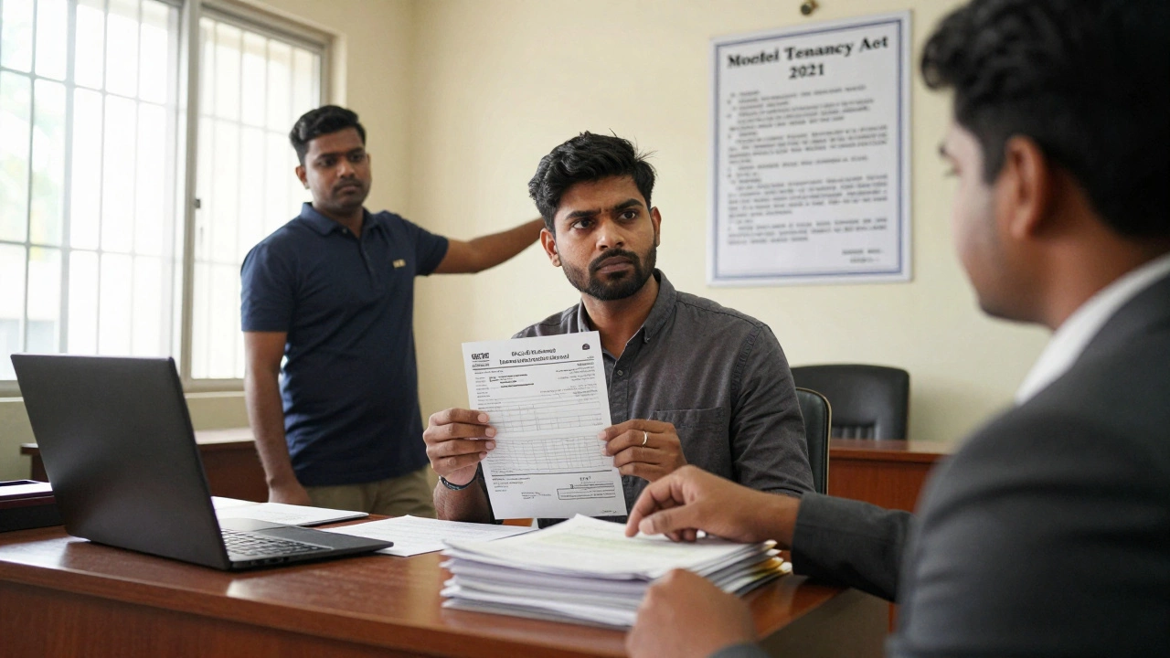 A tenant presents rent records in an Indian courtroom while a judge reviews evidence.