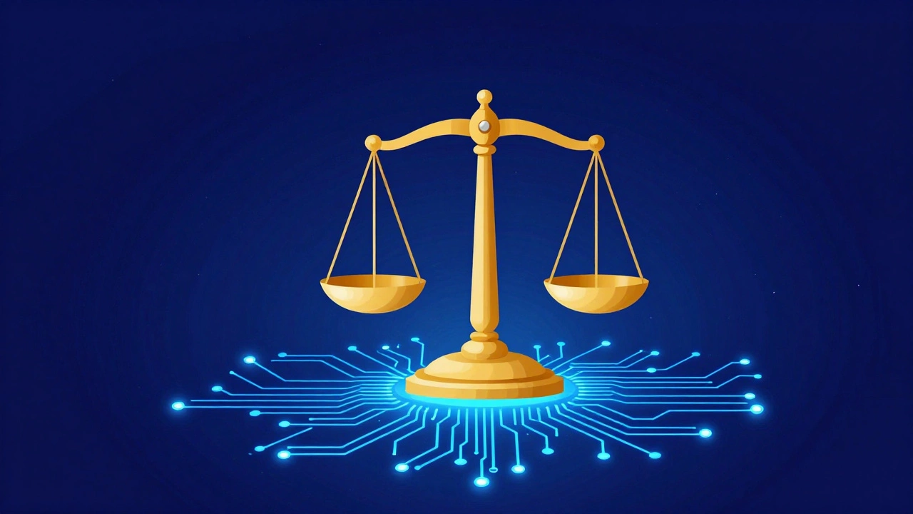 Abstract art blending legal scales with digital technology circuits