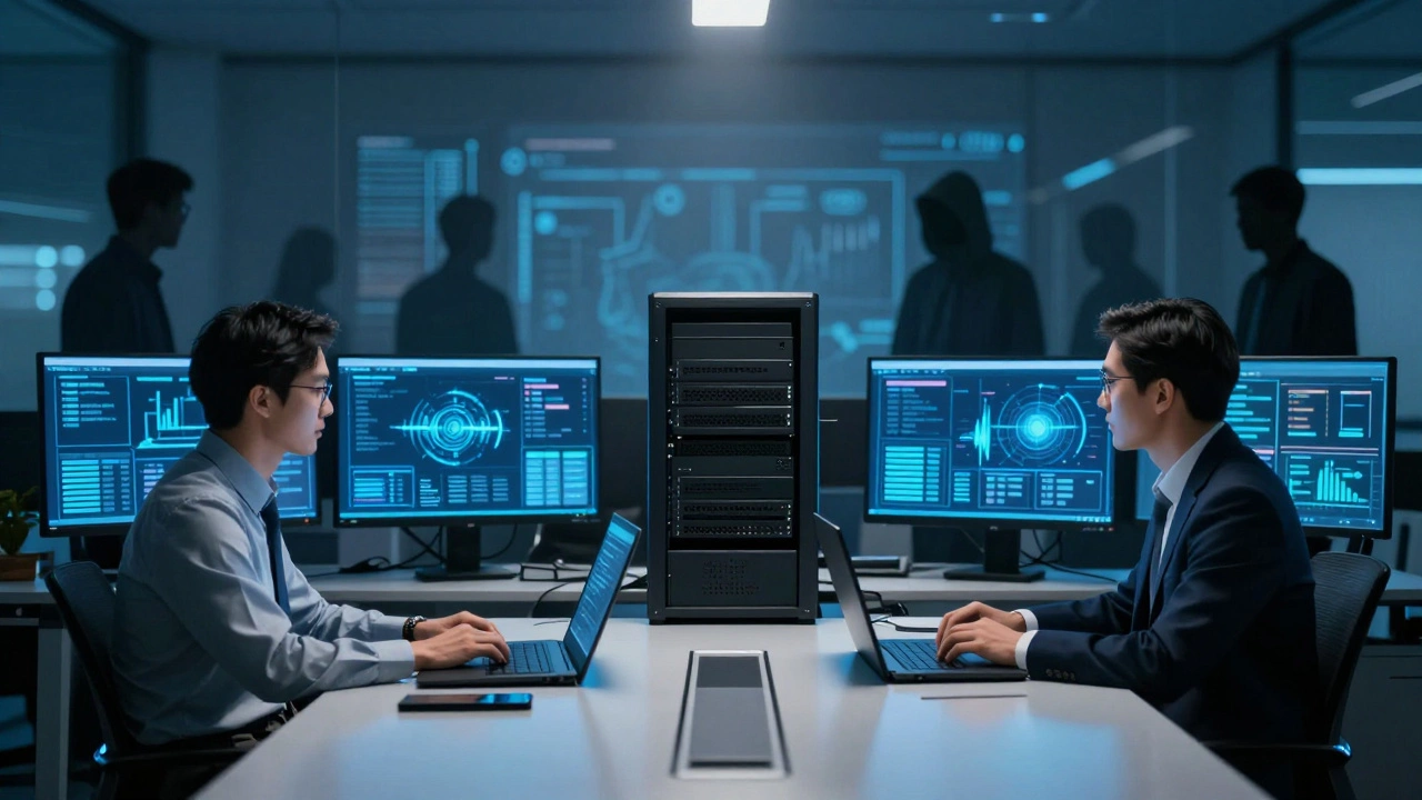 Corporate leaders reviewing cybersecurity dashboards while shadowy external risks loom behind them.