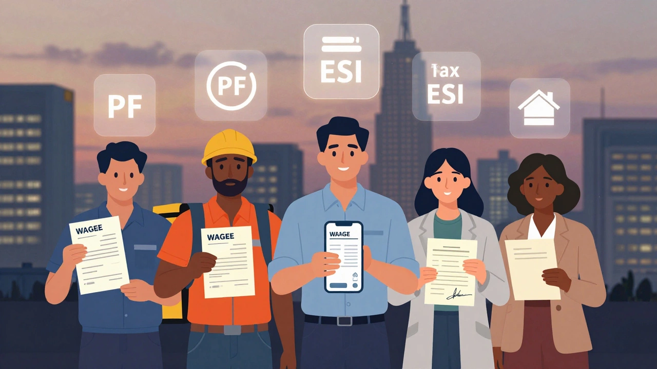 Diverse workers holding different forms of wage proof under a city skyline.