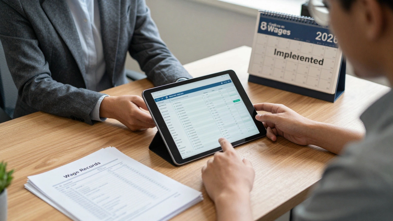Employer giving an employee a digital payslip on a tablet in a small office.
