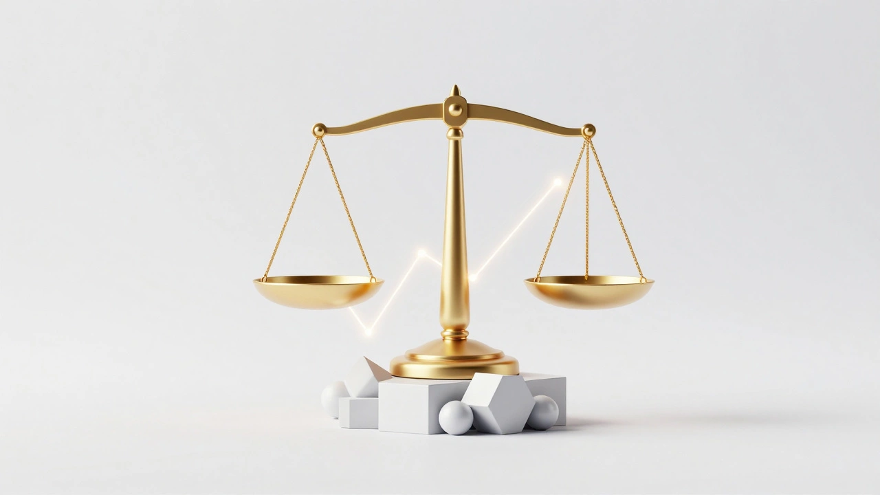 Golden scales of justice on corporate blocks representing equity.