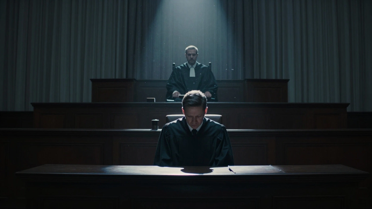 Judge silhouette in courtroom spotlight with plaintiff below