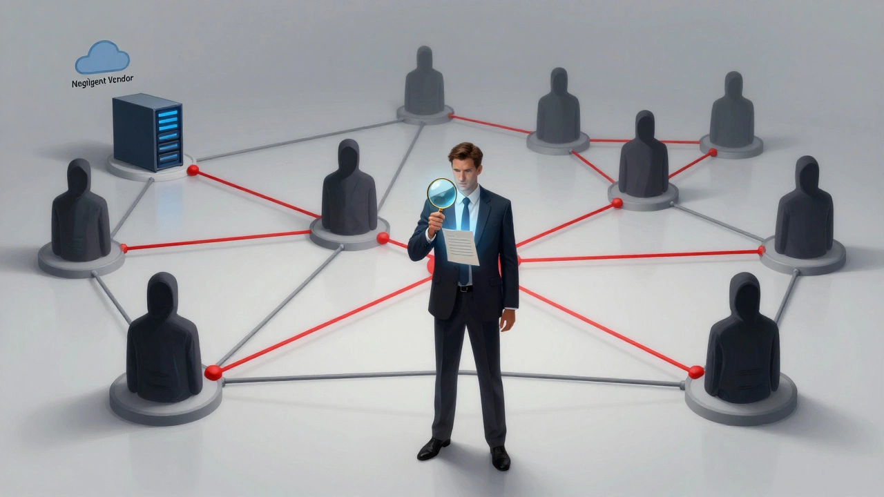 Network diagram showing a business connected to a negligent vendor, with a lawyer analyzing evidence amid global hacker connections.