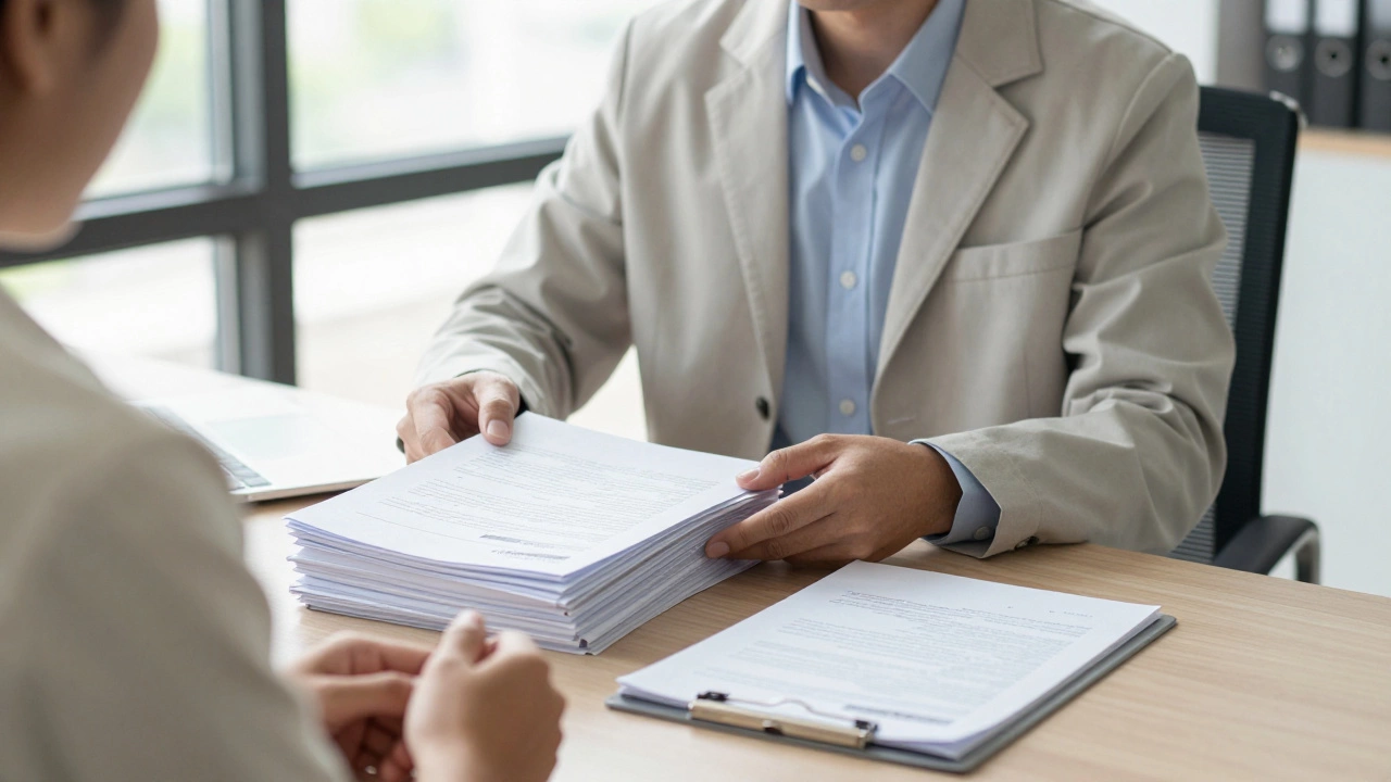 Psychologist reviewing medical files with client in office