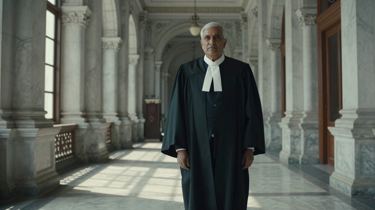 Senior advocate in traditional robes walking through grand courthouse