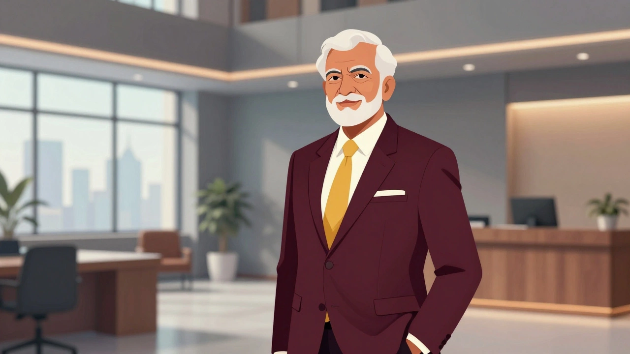 Senior Indian advocate standing in a modern law firm lobby.