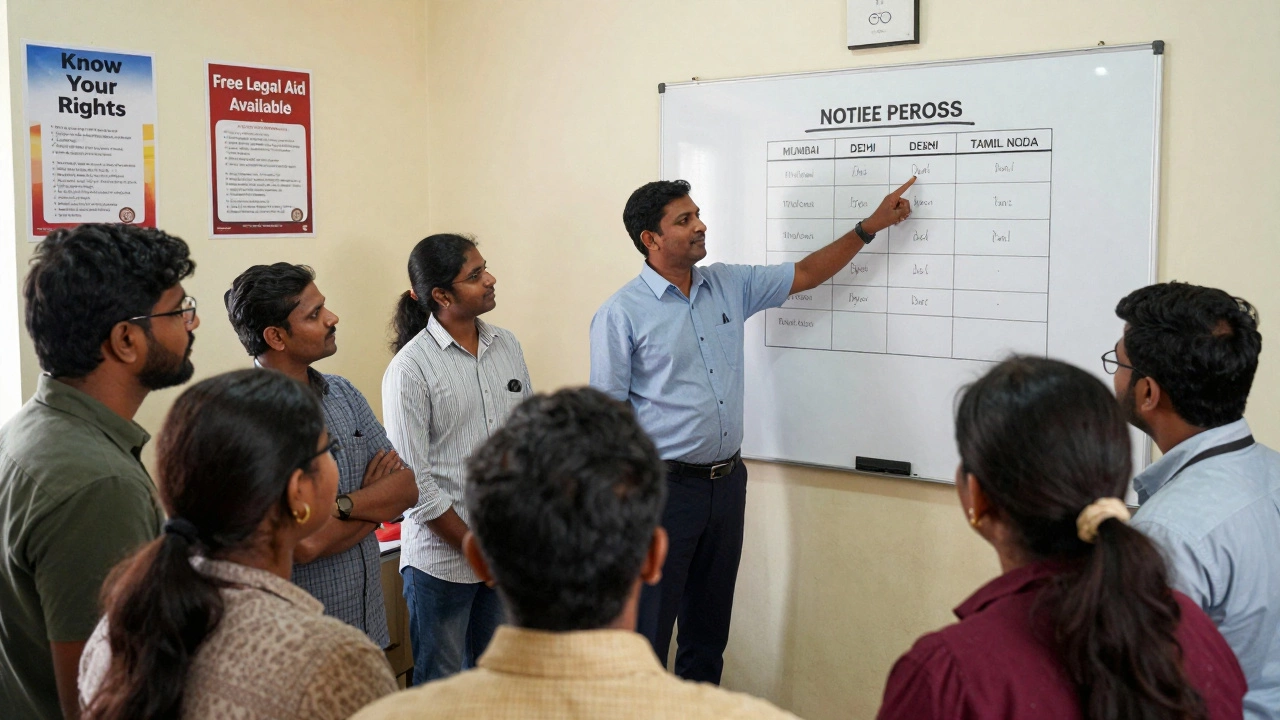 Tenants learn about their legal rights from a legal aid officer in a community center in Delhi.
