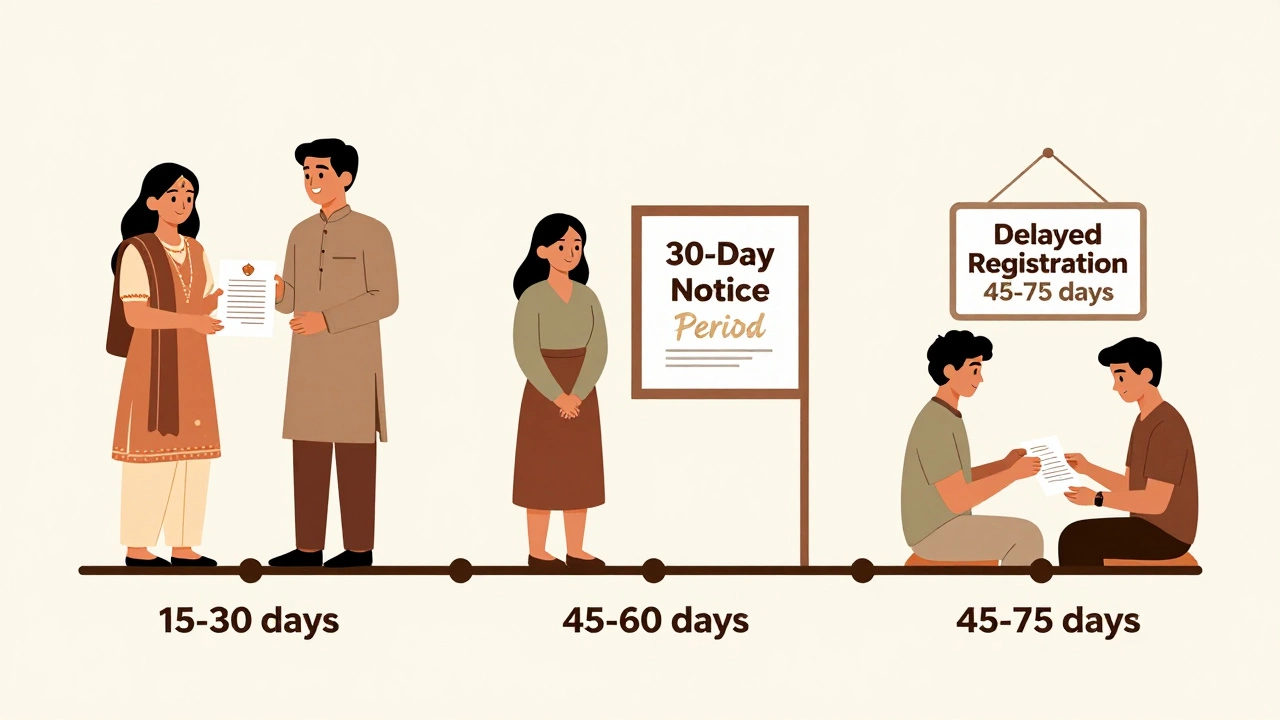 Three parallel timelines showing different marriage registration durations in India with visual cues for each path