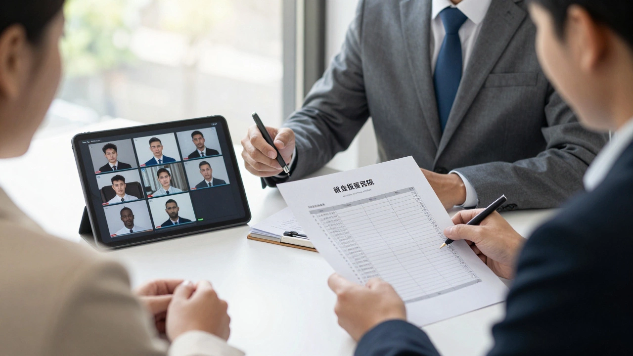A lawyer and client reviewing digital evidence and legal documents in an office
