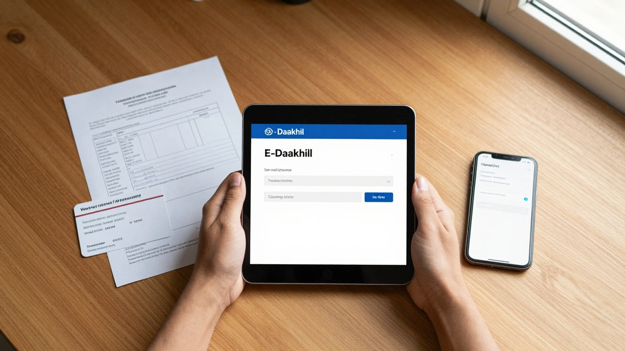 A person preparing a legal consumer complaint with a tablet, invoice, and warranty card on a desk.